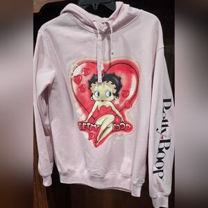 1028 Vintage Betty Boop Pink Hoodie Sweatshirt Cartoon Graphic Pullover Size Med